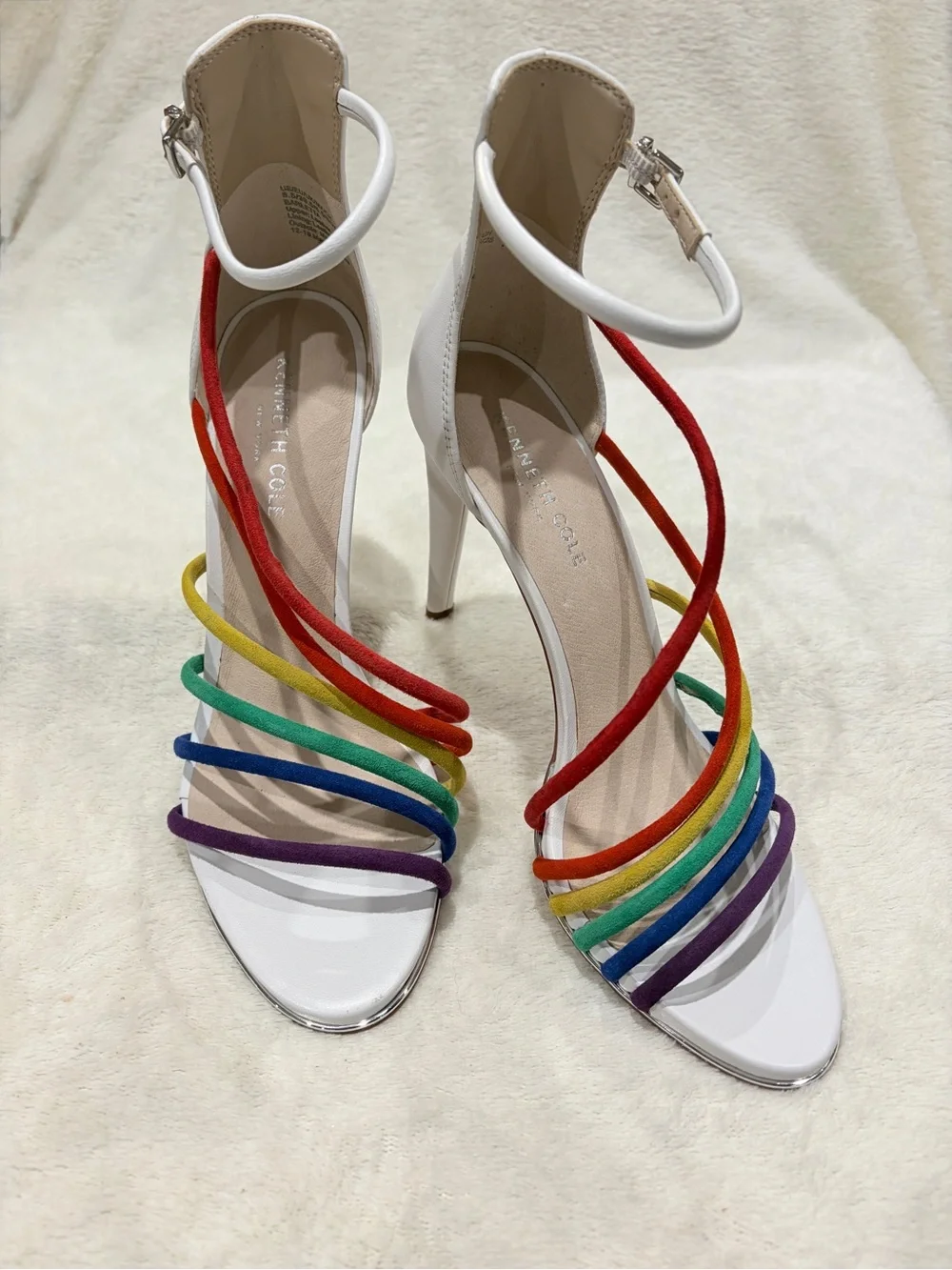 Kenneth Cole NY Barletta White Stiletto‎ Sandals with Rainbow Straps - 8.5